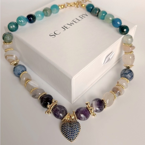 Gemstone Necklace with Mini Heart Handcrafted Agate Stone Necklace - Picture 4 of 8